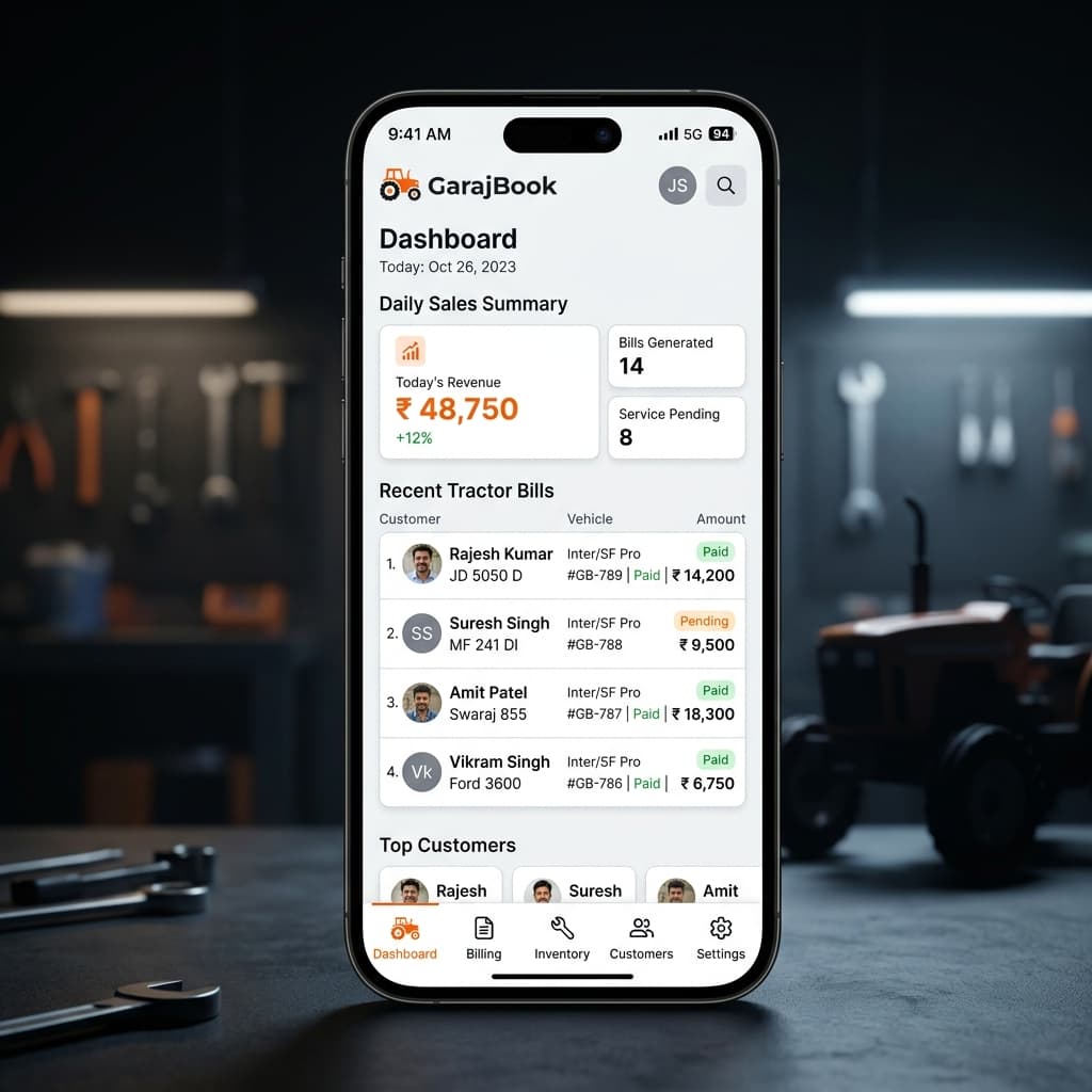 Garage Bills Mobile App Dashboard Mockup
